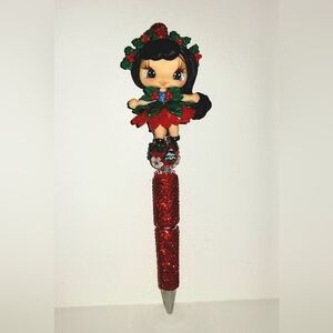 Custom Made Clay CHRISTMAS Girl Beaded Pen w/Free Ink Refill